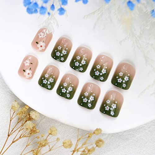 Flower Press na noktima kratki lepak na noktima za žene gradijent zeleni ružičasti lažni nokti slatki bijeli cvijet
