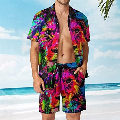 Weedkeycat umjetnički lav na black mušku odjeću za plažu 2 komada Havajska gumba dolje majica kratkih rukava i