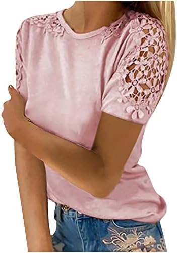 Ljetne košulje za žene CUTOUT čipke kratkih rukava na vrhu trendne majice okrugli vrat Ležerni labavi fit boja