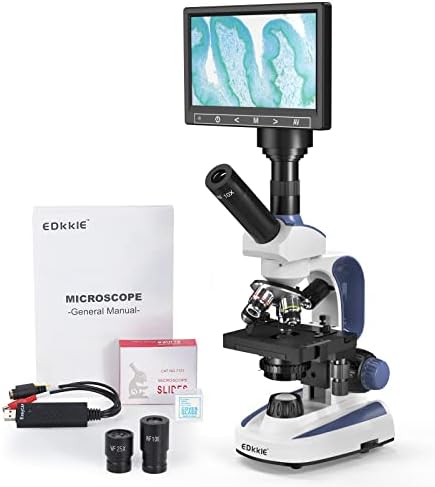 EDKKIE 40x-2500X laboratorijski složeni Monokularni mikroskop Ugrađena kamera od 5MP sa ekranom od 7, okulari širokog polja 10x i 25x, dvostruki sistem osvetljenja, dvoslojna mehanička faza