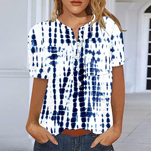 Ženska pamučna lanena majica na dugmad ležerni kratki rukav s V-izrezom džepni bluza s printom od