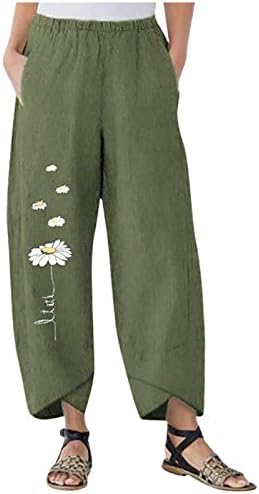 Ženske pamučne pantalone, elastična visoka struka široka noga Palazzo Capri Dužina udobne tratinčice Ispis obrezane hlače sa džepovima