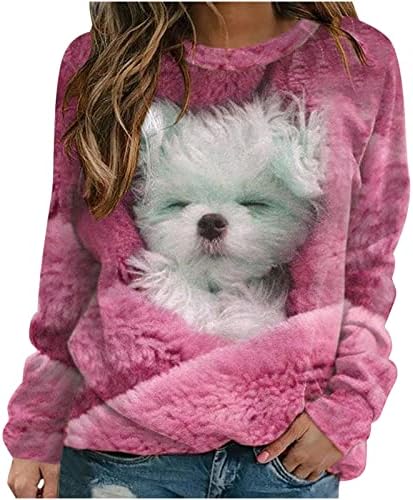 Žene Fuzzy Toplo pulover 3D uzorak pasa Print Solid Bool Dukserice Dugih rukava Crewneck Ležerne prilikom labave