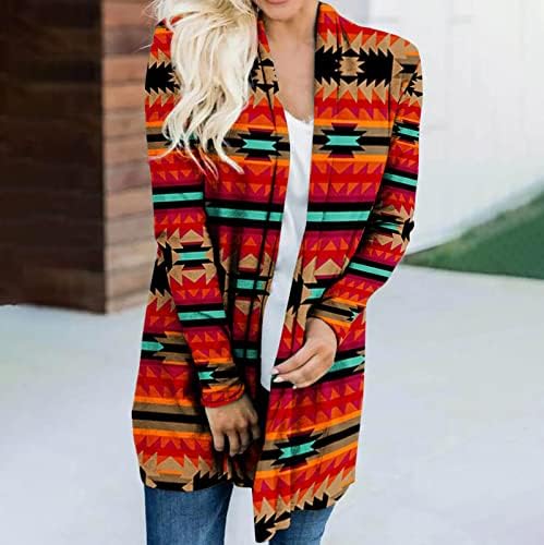Zapadni etnički Aztečki dugi kardigan za žene Vintage grafički Print otvoreni prednji džemper prevelika vanjska odjeća dugih rukava