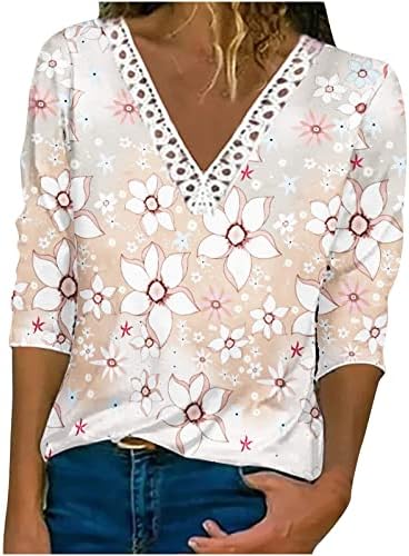 3/4 rukava za žene za žene cvjetne tiskane čipke Tors V izrez casual pulover labavi dupli bluza majice