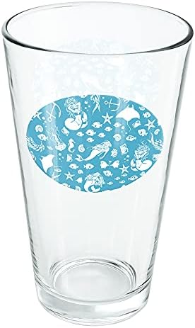 Plava sirena uzorak sa školjkama riba Manta Rays Ocean 16 oz Pinta Glass, kaljeno staklo, štampani dizajn & savršen