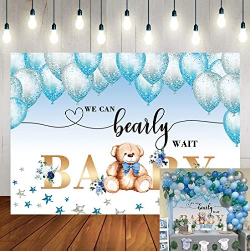 Wr Bear Baby Shower Party Backdrop možemo biserno čekati akvarel plavi baloni zvijezda ostavlja pozadinu Baby Shower Boy Rođendanska zabava torta Tabela dekoracija Photo Booth rekviziti 7x5FT