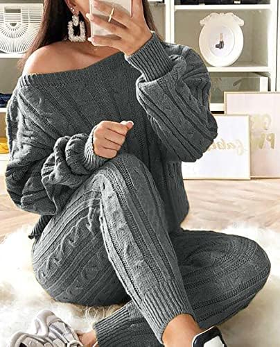 Molisry Ženski kabl pleteni 2 komada odijelo dugih rukava pulover Top dugačke hlače Lounge setovi padajuću zimu