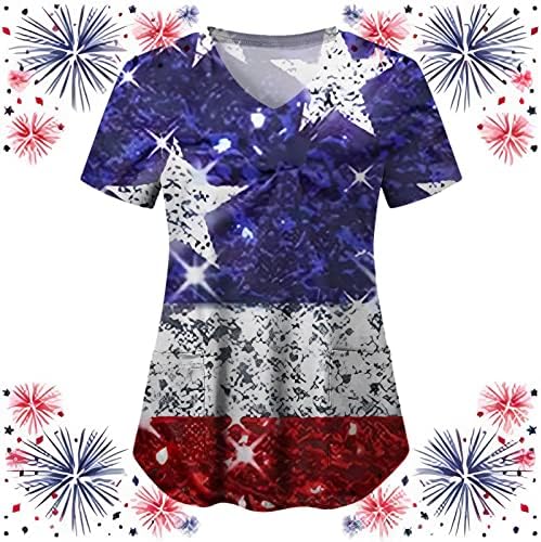 4. jula majice za žene američke zastave ljetne kratke rukave V izrez majice sa 2 džepa bluze praznična Ležerna radna odjeća