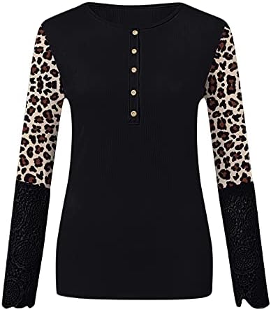Pmmqrrkuu leopard boje blok majice za žene duge rukave T-Shirt V vrat dugme Down Henley Shirts rebrasti pleteni Top
