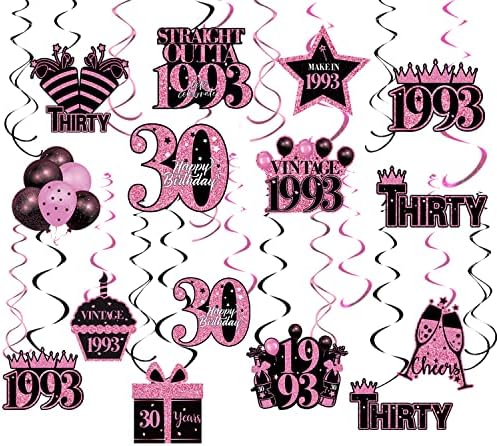 30 kom Rose ružičasti rođendan ukrasi viseći vrtloge, retro 1993. 30. rođendanska stropna zabava