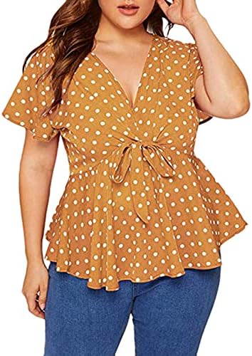 Bluze plus veličine za ženske ljetna majica kratkih rukava polka točkice čvor prednjim dubokim V izrezom