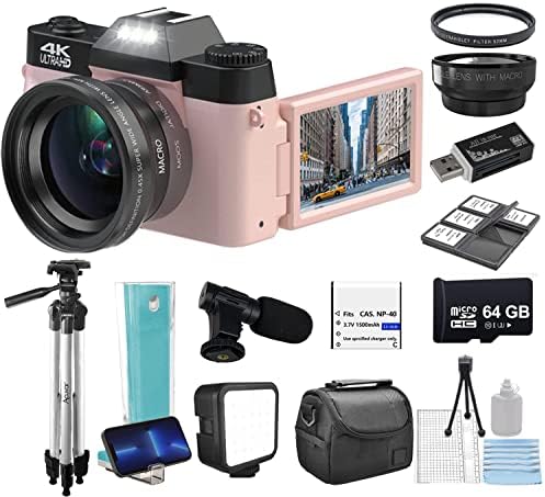 Edealz 4k 48mp Digitalni komplet kamera za fotografiju, vlogging Kamera YouTube sa Flip Screen, WiFi, širokougaoni & makro objektiv, 64gb Micro SD kartica, 50 stativ, slučaj, čitač kartica, mikrofon, LED