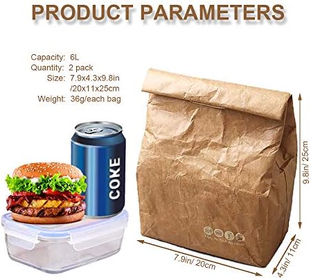LELE LIFE izolovane smeđe papirne kese za ručak sa 2 pakovanja, Retro torbe za ručak za višekratnu upotrebu