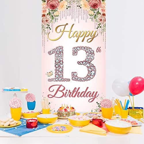 HTDZZI baner za pozadinu vrata za 13. rođendan, ukrasi za djevojčice Happy 13th Birthday za djevojčice, Rose