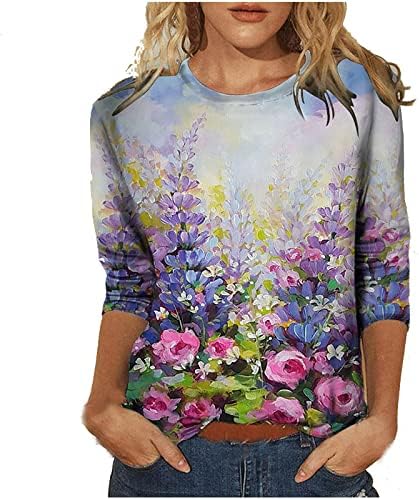 Narhbrg Fall T majice za žene cvjetni print jesenji pulover vrhovi slatki vrat sa posadom 3/4 rukav grafički labavi treperi