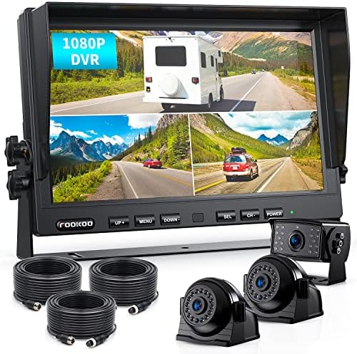Fookoo HD 1080p 10 sistem žičanih rezervnih kamera, 10 Monitor sa trostrukim podeljenim ekranom sa snimanjem, IP69 vodootporne strane & kamere za stražnji pogled, 4 kanala, linije za parkiranje, RV/kamion/prikolica / 5th točak