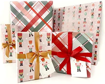 Božić ambalažni papir za djevojčice-Pink Božić pakovanje papira Set w / 27 x 39 Nutcracker pakovanje listova papira + 2 metara Božić Ribbon & 9 poklon oznake - karirani pakovanje papira paket za odmor, rođendan, & amp; više
