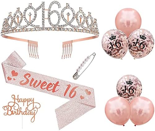 Slatki Set ukrasa za 16 rođendana, satensko krilo za 16. rođendan,Kristalna kruna od tijare i Baloni za djevojčice Happy 16th birthday party dekoracije