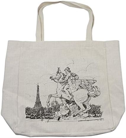 Ambesonne Antikna torba za kupovinu, Evropski gradski pejzaž Francuska istorijski konj za uzgoj Eiffelov toranj Print, ekološka torba za višekratnu upotrebu za namirnice plaža i još mnogo toga, 15,5 X 14,5, krema