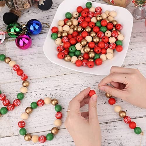 200kom Božić Wood perle za obrt, 16mm boji drvene perle sa 10m konoplje konoplje nedovršeno Drvo krug sa perlama Božić perle za obrt ukrasi Božić Garland