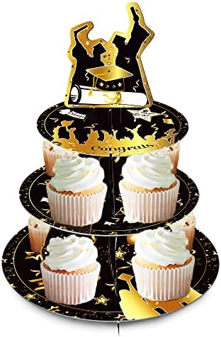 Crno zlato Diplomski tematski štand Cupcake, 3 slojna kartonska hrana zaslon od karata Cupcakes Hower Holder Candy Cookie Lay za maturu Sezona Građanski dekor