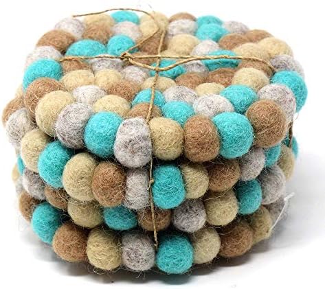 Global Crafts Ručno izrađeno Felt Ball Wool Coaster set iz Nepala, 4 prirodnog pića, 4-pakovanja, plavi led