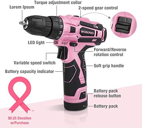 WORKPRO 12v Pink Akumulatorska bušilica i komplet kućnih alata, 61 komad ručni alat za DIY, održavanje