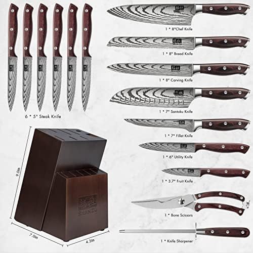 Shan ZU Set noža 16 kom, japanski Set kuhinjskih noža sa blokom Visokougljičnog nerđajućeg čelika
