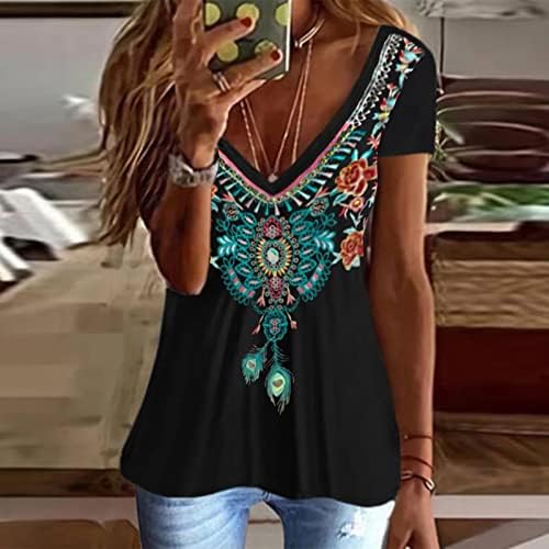 Valentines Day Shirts for Women Summer Womens Short Sleeve Deep V Neck Floral Printed Top T Shirts Casual