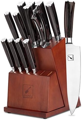 Kuhinjski set noža sa blokom, Imarku 16-dijelni japanski set blokova noža, Ultra oštar Set noža od Nehranjivog čelika sa uklonjivim blokom i šipkom za nož, tamno braon