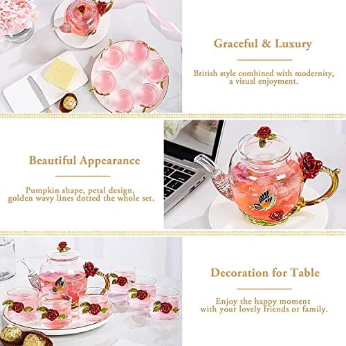 Stakleni čamnik sa 6 ukrasnih čaša, ružičasti cvijet leptir mali stakleni čaj za žene za žene odrasli,