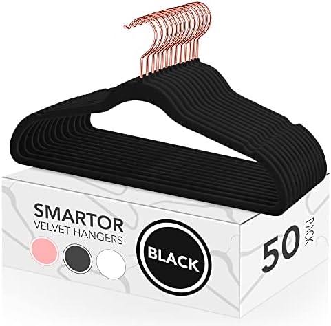 Smartor Velvet Haverters 50 pakovanje, crne vješalice osjetljivih filca ne klizanje s ružom Gold Hook,