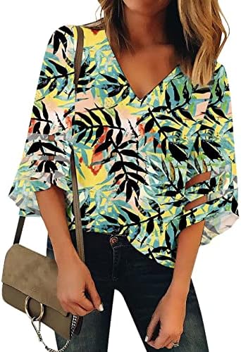 Casual V izrez bluza za žene 3/4 BELL ruhove mrežice na ploči Top modne cvjetne labave fit majice Dressy Tops