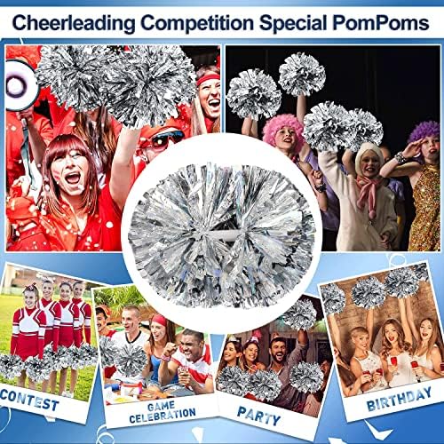 Mborint Pom Poms Cheerleading, 4pcs Cheer Pom Poms s batron ručkom, 14 inča metalne folije navijači navijaju pom poms za dječje djevojke navijaju duh sportskog tima
