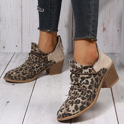Čizme za gležnjeve Modni Leopard patchwork antilop čipka za cipele Chunky Heel s klizanjem na vitez