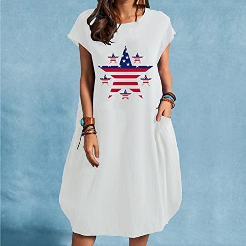 HCJKDU Ženske ljetne haljine Okrugli vrat kapu za sunčanje Dan neovisnosti mini haljina US Zastava Ispiši Ležerni labava haljina s džepovima