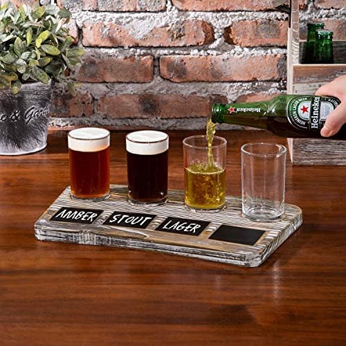 Mygift set za degustaciju piva za degustaciju piva-četiri naočare za Pub 6 oz Pilsner i pladanj za posluživanje od zapaljenog drveta i naljepnice za tablu