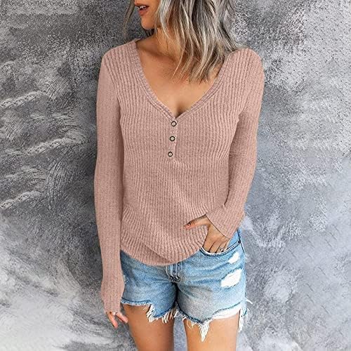 Ženski džemperi s dugim rukavima V vrat pulover rebraste pletene tanke ugradbene košulje od lagane bluze