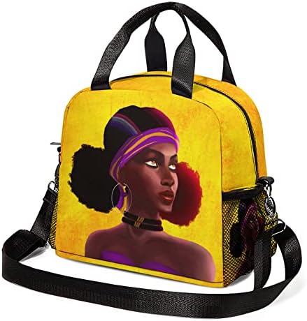 Afroamerička crna djevojka torba za ručak za tinejdžerke žene, Pretty Afro Girls Women višekratna kutija za ručak, Prijenosna hladnjača torba za ručak s podesivim naramenicama za školu, posao, piknik, putovanja