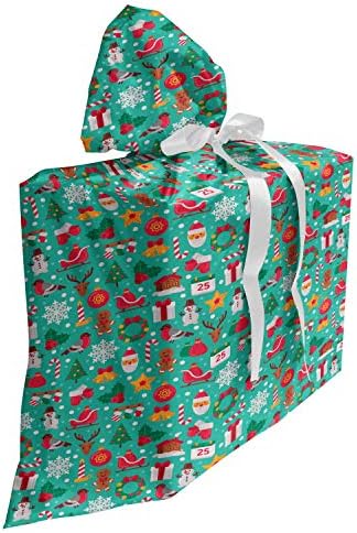 Lunarable Božić tkanina poklon torba, Holiday Candy stick rukavice Jingle Bells pahuljica đumbir kolačić, poklon torba za zabave rođendane sa 3 trake, 27, Dark Seafoam Multicolor