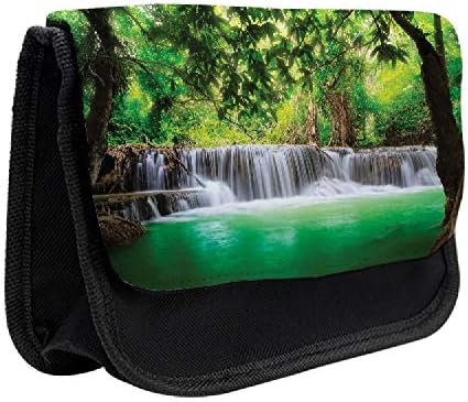 Lunarable pernica za Vodopad, sunčana tropska šuma, torba za olovku od tkanine sa dvostrukim patentnim zatvaračem, 8,5 x 5,5, zeleno smeđe Bijela