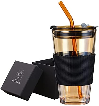 16 Oz Glass čaša za piće s poklopcem i slamkom, Silikonski rukav & amp; ugaone široke slamke, nepropusna čaša za piće putna boca, čaša za kafu za višekratnu upotrebu