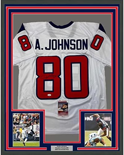 Uokvireni autogramirani / potpisan Andre Johnson 33x42 Houston White Fudbalski dres JSA COA