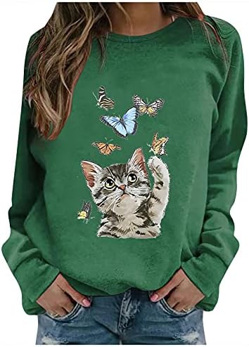 Ženska slatka mačka i leptir tiskati džemper casual dugih rukava modni jesen udobni pulover sa labavim okruglim vratom