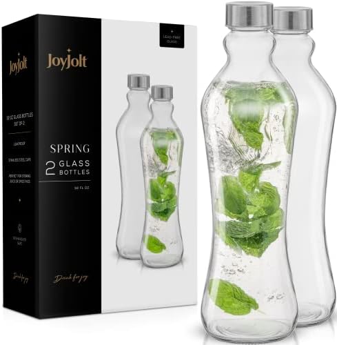 JoyJolt staklene flaše za vodu - Set staklenih flaša za vodu od 2 komada. 32 oz flaše za vodu, flaše od prozirnog stakla sa poklopcima . Flaše za vodu od 1 litra za sokove ili bočicu ledenog čaja