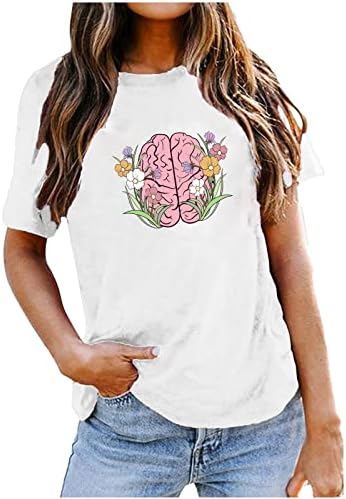 Cvjetna majica mozga za žene Vintage grafički tees Basic Casual Ljeto Tunika Top Teen Girl Chirt Short