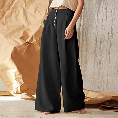 lcziwo lanene duge pantalone za žene Casual Button Down elastični struk široke noge udobne Yoga Palazzo pantalone sa džepovima
