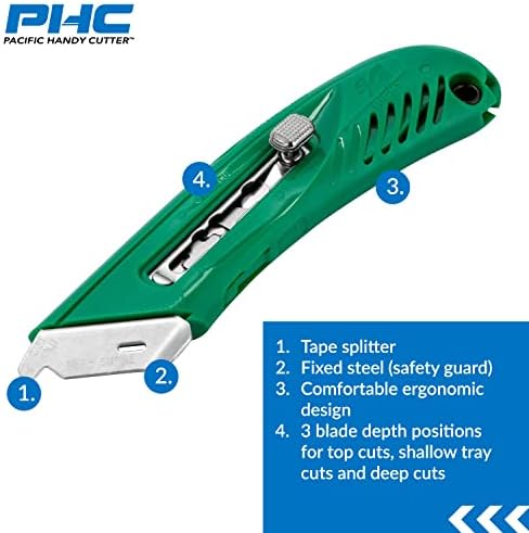 Pacific Handy Cutter S4r sigurnosni rezač, Pomoćni nož na uvlačenje ergonomskog dizajna, razdjelnik trake bez oštrica, Čelični štitnik za sigurnost i zaštitu od oštećenja, za sečenje u skladištu i trgovini , zeleno