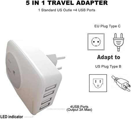 Europski adapter za putovanja, Vsanstar International Entery utikač sa 4 USB i 1 američka izlazna, američki pretvarač za tip C Europe Cube adapter za EU Europe Njemačka Francuska Italija, Španija